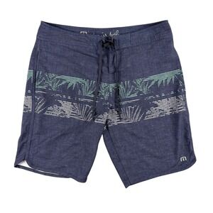 Travis Mathew Boardshorts Mens 33 Blue Palm Print Swim Trunks Drawstring Pocket‎